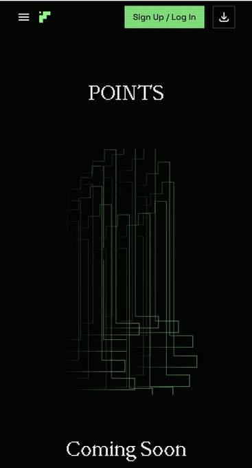 A mobile website screenshot showing a 'POINTS' feature with a green wireframe graphic and 'Coming Soon' text on a black background.