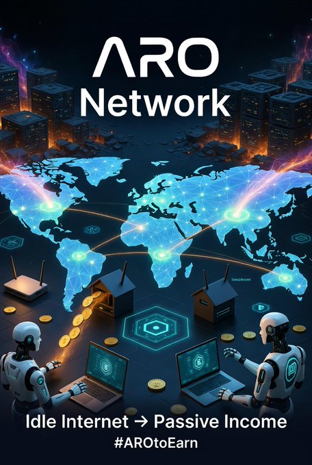 Promotional graphic for the ARO Network featuring a glowing digital world map, humanoid robots with laptops, and connected devices, with the tagline "Idle Internet → Passive Income #AROtoEarn," visually reinforcing ARO's DePIN concept of transforming idle bandwidth and devices into a decentralized AI infrastructure.