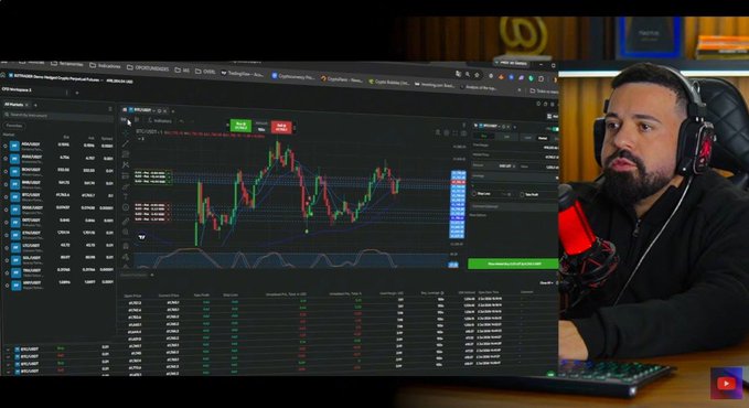 A YouTube thumbnail or screenshot showing a bearded man wearing headphones and speaking into a red microphone, with a cryptocurrency trading chart for BTCUSDT displayed on a large monitor behind him.