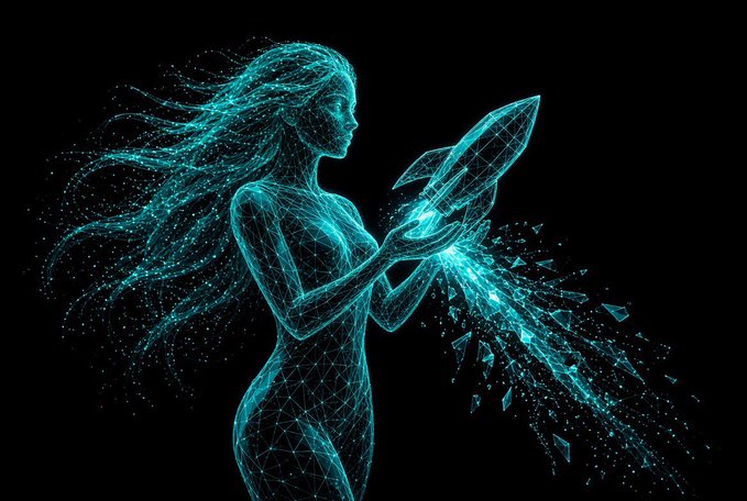 A digital wireframe illustration of a glowing cyan female figure with flowing hair, holding a crystal-like object that disperses into geometric particles against a black background.