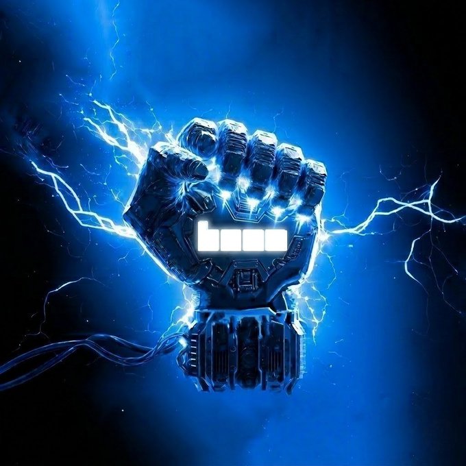 A digital illustration of a powerful, clenched mechanical fist surrounded by bright blue electricity and lightning bolts.