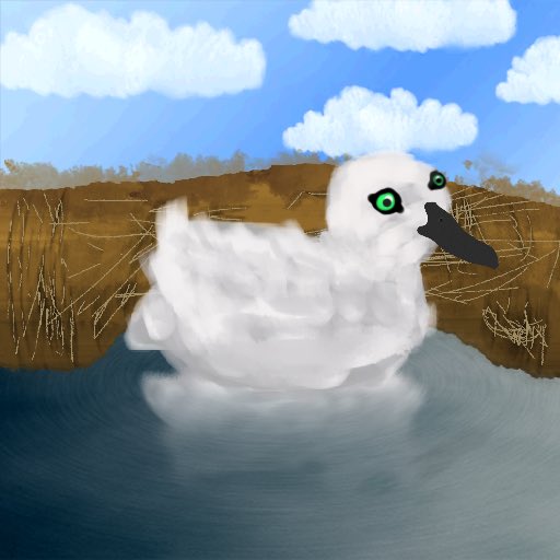A digital painting of a white duckling with green eyes swimming in water with a brown shoreline in the background.
