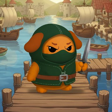A cartoon dog dressed as a ninja in green armor stands on a wooden dock holding a sword, with a medieval harbor town in the background.