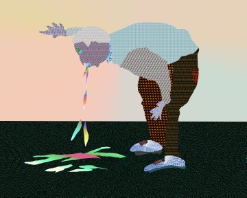 A pixelated/stylized digital art image of a person bending over and vomiting colorful streams onto the floor.