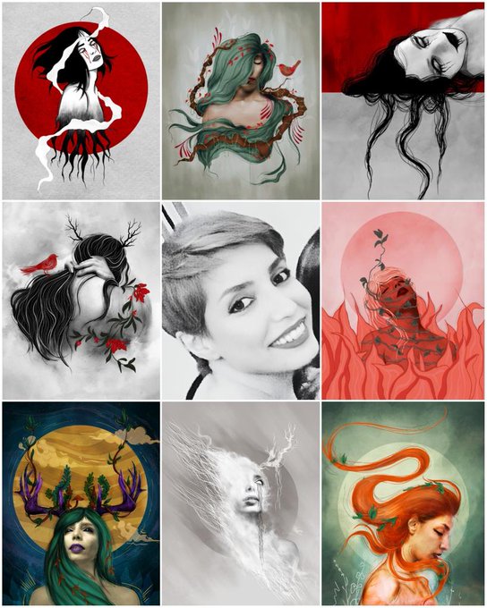 A 3x3 grid collage of various digital portrait illustrations featuring women with flowing hair, nature motifs, and artistic elements in red, green, and black color palettes.