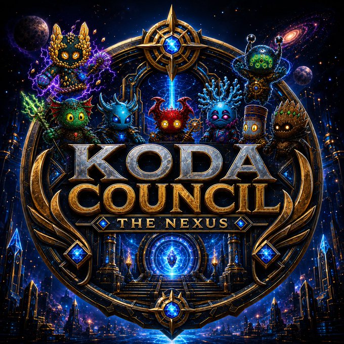 Fantasy logo for 'KODA COUNCIL: THE NEXUS' featuring seven colorful goblin-like creatures above an ornate blue portal.