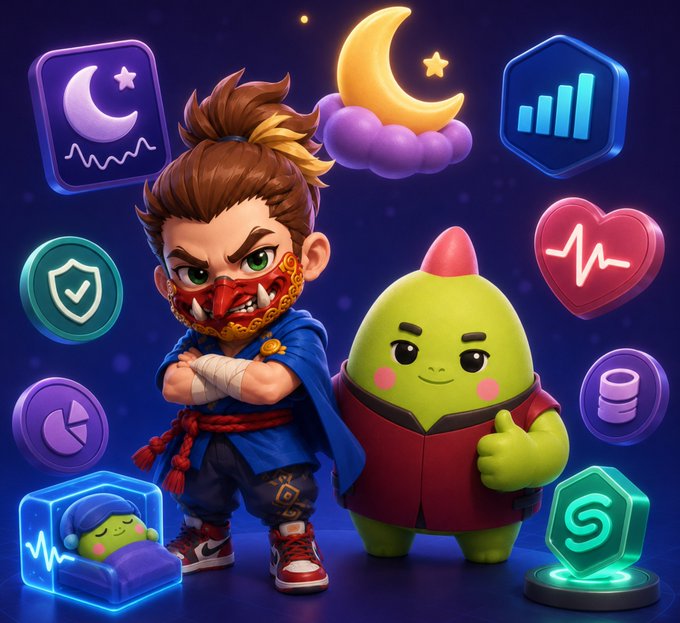 A colorful 3D illustration of a masked martial artist beside a green thumbs-up character, surrounded by health, sleep, analytics, heart-rate, currency, and coin icons.