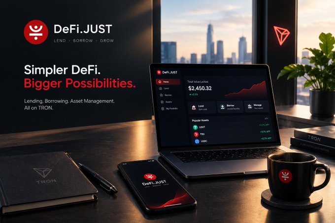 A promotional image for DeFi.JUST with the tagline 'Simpler DeFi. Bigger Possibilities.' showcasing a laptop displaying Total Value Locked of $2,450.32 alongside a smartphone and TRON-branded merchandise.