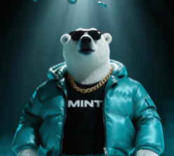 A digital illustration of a white polar bear wearing sunglasses, a gold chain, and a teal jacket over a shirt with the word 'MINT', set against a dark teal background.