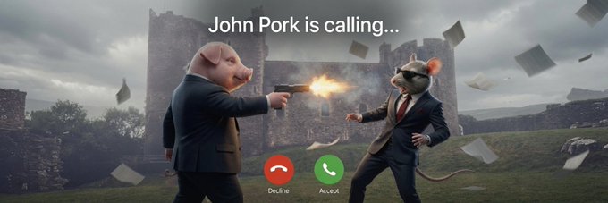 The image features two cartoon mice dressed up as men, with one mouse holding a gun while the other has a phone to his ear. The background of the image shows an old castle or ruins, suggesting that they are in a historical setting. A banner is displayed at the top of the image, which reads "John Pork is calling...".