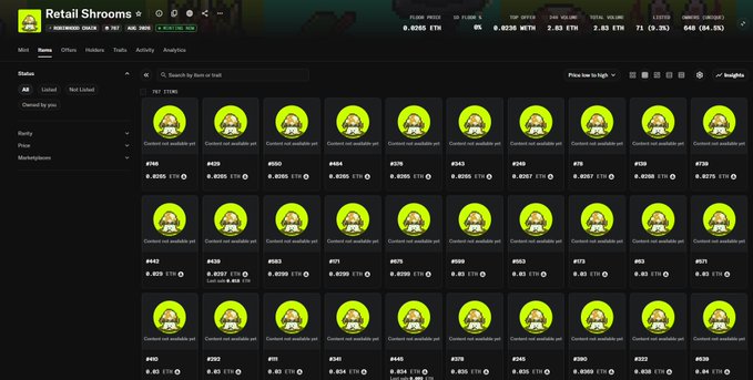 A dashboard for 'Retail Shrooms' NFT collection showing grid listings of monkey character NFTs with various prices and 'Last sale' information.