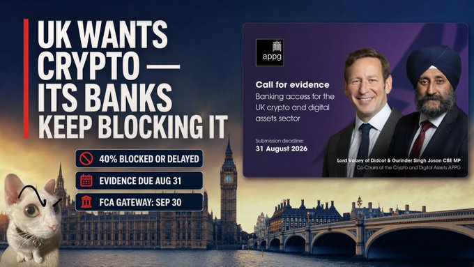 An APPG infographic titled 'UK WANTS CRYPTO — ITS BANKS KEEP BLOCKING IT' featuring Lord Vaizey and Jas Athwal, with details about a 40% block rate and an August 31 evidence deadline.
