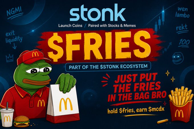 A promotional graphic for '$FRIES' cryptocurrency, featuring the Pepe the Frog character dressed as a McDonald's employee holding a fries container, with text including 'stonk', 'Launch Coins / Paired with Stocks & Memes', and 'JUST PUT THE FRIES IN THE BAG BRO'.