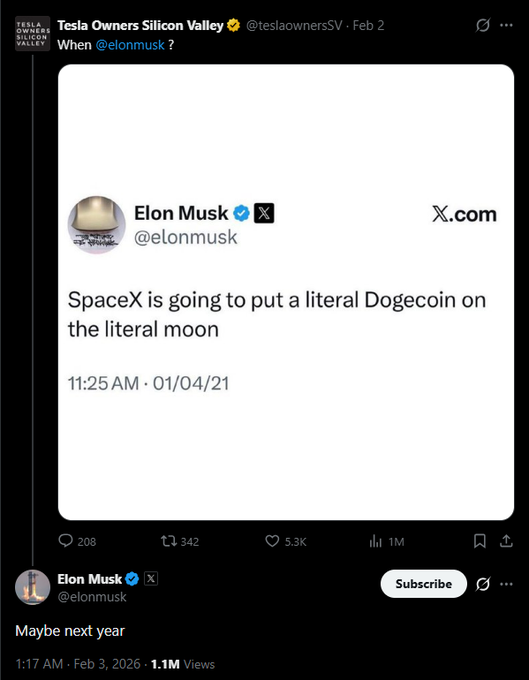 The image shows an Twitter post with a caption about an upcoming event. The text mentions that Elon Musk, who tweets from @ElonMusk, will be sending a literal $DOGE to the moon. It appears that there might be a new Twitter account or reposting of this tweet, as indicated by the quote "With all the talk of Tesla/SpaceX and NASA building a base on the moon," which also reads "Another reminder that he anticipates sending a literal $DOGE to the moon in 2027."