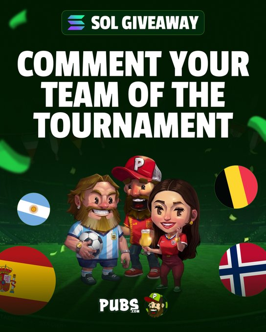 A 'SOL GIVEAWAY' promotional graphic asking viewers to 'COMMENT YOUR TEAM OF THE TOURNAMENT', featuring cartoon characters with Argentina, Spain, Belgium, and Norway flags for Pubs.com.