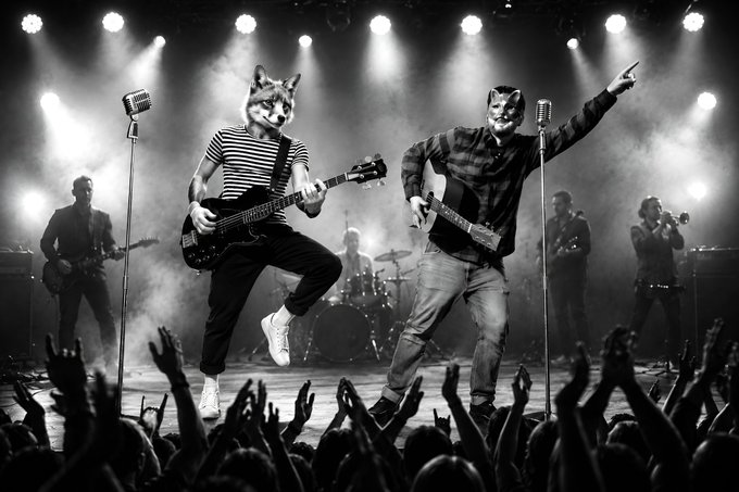 Two masked performers—one wearing a wolf mask and the other a cat mask—energize a sold-out crowd while playing guitars on a smoke-filled stage under bright spotlights, with additional band members (drummer, trumpet player) visible in the background. The image visually celebrates the "Sold Out!" achievement by showcasing the two main artists (Mr. Foxside and his brother Mr. Bret Jolliffe) commanding a packed venue alongside their supporting collaborators.