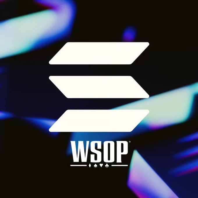 The WSOP (World Series of Poker) logo featuring three stacked white parallelograms with playing card suit symbols below, set against a dark background with blurred playing cards.