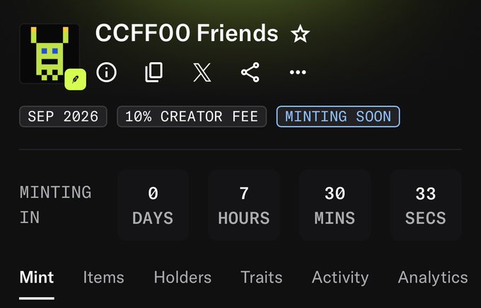 NFT collection page titled "CCFF00 Friends" with a green pixel skull mascot, showing a 10% creator fee and "MINTING SOON" badge with countdown timer set for September 2026.