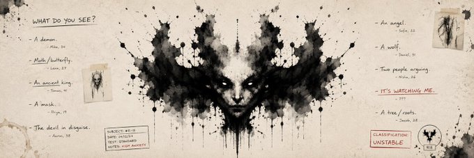 The image features a long banner with a black and white illustration of a face, possibly resembling a monster or a ghost. The text at the bottom of the image reads "What do you see?". This suggests that the image might be related to an art project or a promotional campaign for an event or product.