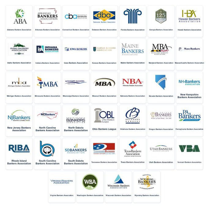 A grid of 46 state and regional bankers association logos, including the American Bankers Association, Delaware Bankers Association, and Wyoming Bankers Association, is displayed. The image visually represents the broad coalition of U.S. banking industry groups—likely involved in or commenting on—the recent announcement that major banks such as Bank of America, Wells Fargo, and Santander are planning to launch a crypto stablecoin.