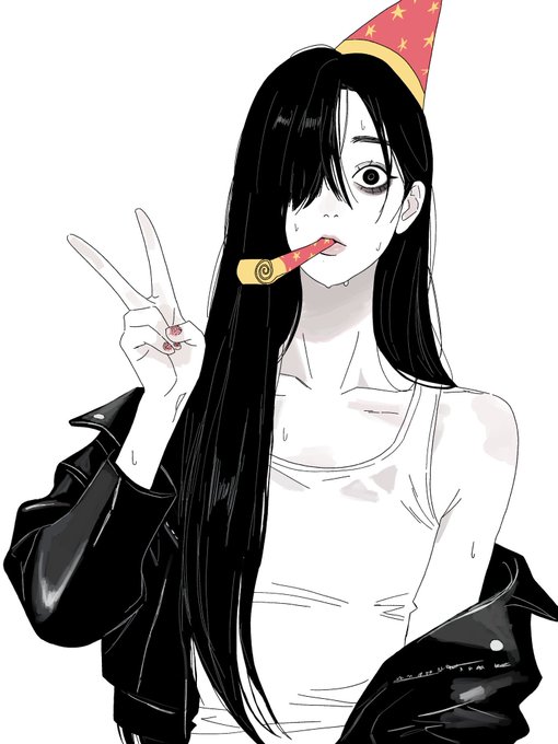 An anime-style illustration of a woman with long black hair wearing a party hat and a white tank top, holding a party horn in her mouth and making a peace sign.