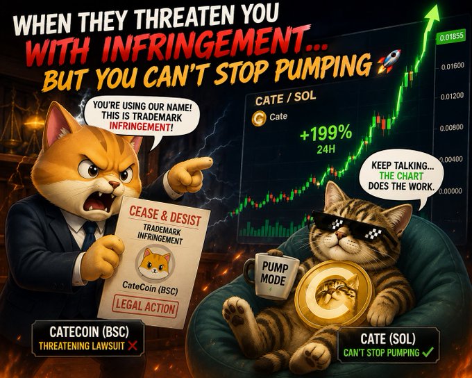 A cartoon meme shows an angry orange cat in a suit pointing and threatening a "CEASE & DESIST" notice for "CateCoin (BSC)" trademark infringement, while a relaxed cat wearing pixel sunglasses sits beside a CATE/SOL chart up +199% in 24H, sipping from a "PUMP MODE" mug and replying "KEEP TALKING... THE CHART DOES THE WORK." The image humorously illustrates the post's point that CateCoin's legal threats against CATE (SOL) are futile as the token continues pumping to new highs.