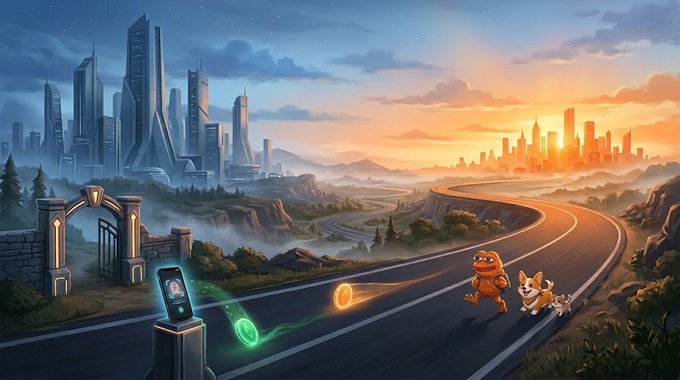A colorful cartoon-style digital illustration of a road winding through a landscape with futuristic cities on either side, featuring a Shiba Inu dog and an orange character chasing a glowing coin, with a portal/phone gateway on the left.