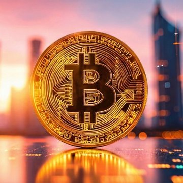 A golden Bitcoin coin stands prominently against a blurred cityscape backdrop at sunset, symbolizing the cryptocurrency market. The image complements the post's message about Bitcoin's net capital outflow narrowing from -$17.3B to -$4.1B through July, suggesting easing institutional de-risking alongside Ethereum's improved position.
