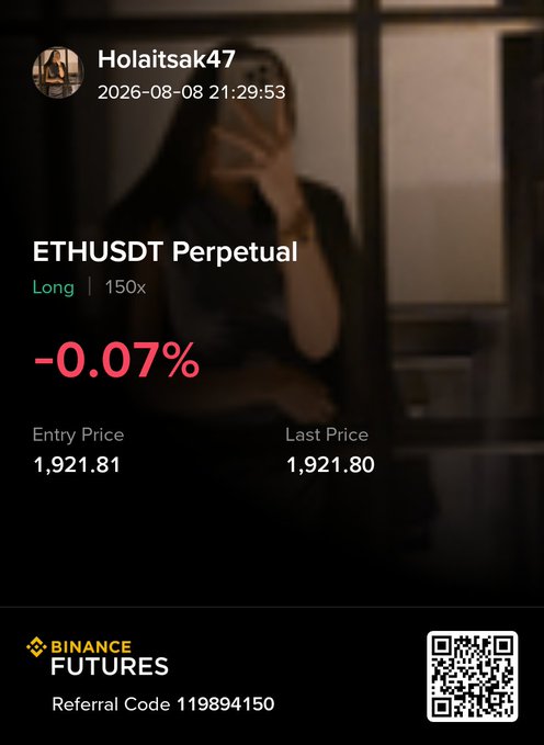 A Binance Futures trading screenshot from user "Holaitsak47" showing an ETHUSDT Perpetual Long position at 150x leverage with a -0.07% loss, entry price 1,921.81 and last price 1,921.80, posted alongside a trading setup targeting $2,000+ with a stop loss at $1,850.