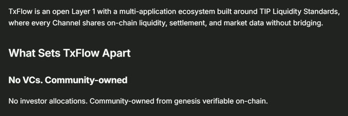 The image shows a black background with white text that reads "TxFlow is an open Layer 1 with a multi-application ecosystem built around TIP Liquidity Standards, where every Channel shares on-chain liquidity, settlement, and market data without bridging." The text also mentions that the post was written by someone named @TxFlowL1.