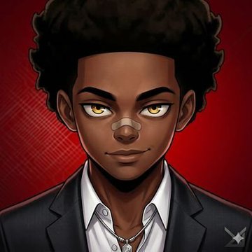 A digital illustration of a young man with dark curly hair, golden eyes, and a bandage on his nose wearing a black suit against a red background.