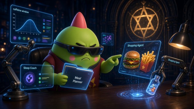 A green goblin-like character wearing sunglasses and a party hat uses multiple holographic screens showing apps like 'Caffeine Window,' 'Sleep Coach,' 'Meal Planner,' and 'Shopping Agent' with fast food displayed.