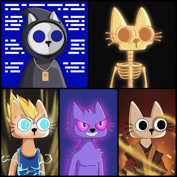 An artistic illustration of a cat-like character depicted in multiple styles: a hooded figure wearing a gold chain, an X-ray skeleton view, a glowing yellow spiky-haired version, a purple menacing version, and a samurai version with a sword.
