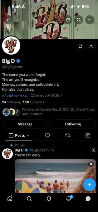 A screenshot of a Twitter/X profile for "Big D" (@BigD_team), which has a verified checkmark and describes itself with the text: "The name you won't forget. The art you'll recognize. Memes, culture, and collectible art. No rules. Just vibes."