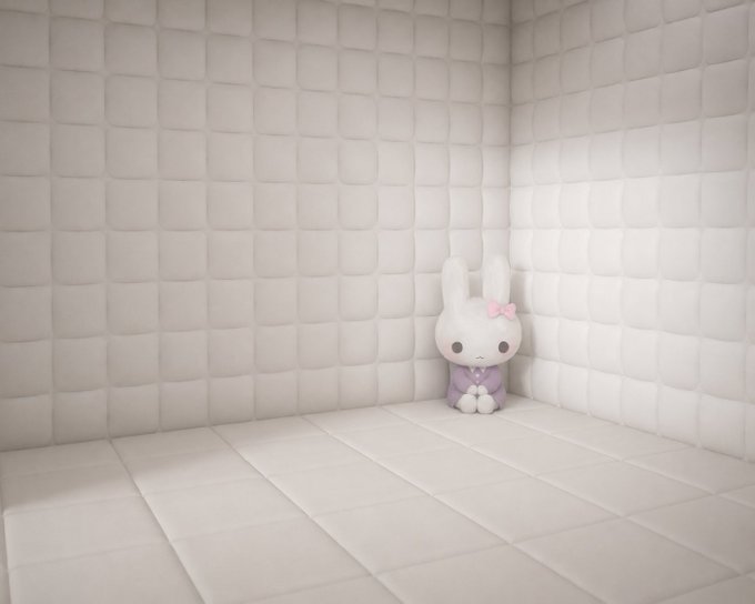 A small white plush bunny with a pink bow sits alone in the corner of an empty padded white room, symbolizing the isolation of having missed out on major crypto moments involving CashCat, Ansem, and CZ. The stark, cushioned emptiness reflects the FOMO and longing for the next opportunity to make it in time.
