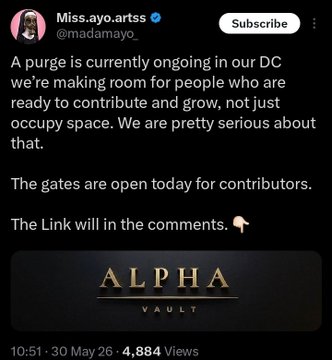 The image features a black background with white text that reads "A purge is currently ongoing in our DC. We're making room for people who are ready to contribute and grow." The post also includes an image of a gate, which is related to the content being discussed on the post.