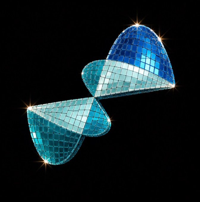 The image features an abstract, geometric design composed of blue and white squares arranged in a unique way that creates a sense of depth and dimensionality. The design appears to be made from reflective materials, giving it a shiny appearance as if it were made of mirrors or other reflective surfaces. This artistic composition is set against a black background, which further accentuates the colors and shapes within the image.