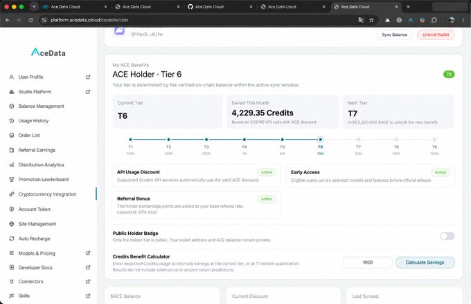 Screenshot of the AceData Cloud platform dashboard showing ACE Holder Tier 6 status with 4,229.35 Credits balance, navigation menu with options like User Profile, Studio Platform, and Balance Management.