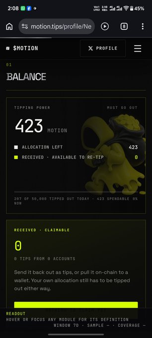 Mobile screenshot of a $MOTION profile balance page showing 423 MOTION tipping power with 0 received tips from 0 accounts.