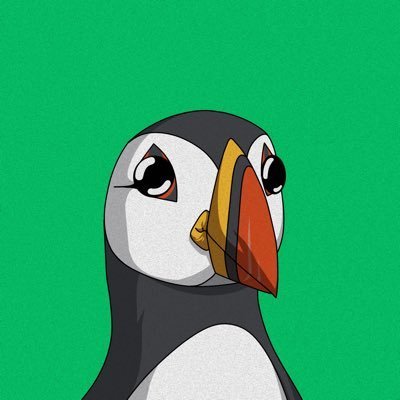 A cartoon puffin with a large orange beak and expressive eyes is shown against a solid green background, representing the "Pixelated Puffins" NFT collection mint featured in the post, which details giveaway mint information including a 3,333 supply on September 1st at 0.003 ETH each.