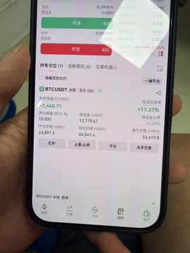 A hand holds a smartphone displaying the BTCUSDT trading chart showing Bitcoin at $64,071 with a +11.27% gain, alongside what appears to be hospital text in the post. The image illustrates the irony of checking Bitcoin's daily K-line close at 8 AM while receiving an IV drip at the hospital after a hangover.