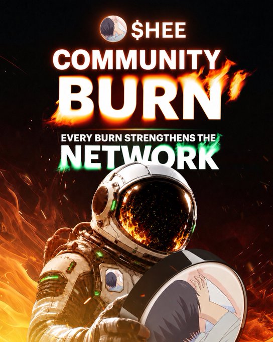 An astronaut in a spacesuit with a fire-reflection visor stands amid flames, featuring "$HEE COMMUNITY BURN" and "EVERY BURN STRENGTHENS THE NETWORK" text, illustrating the post's announcement of 28,018,788 $HEE tokens being burned to strengthen the network.