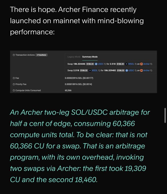 A social media post about Archer Finance's mainnet launch, highlighting a two-leg SOL/USDC arbitrage for half a cent of edge that consumed 60,366 compute units.