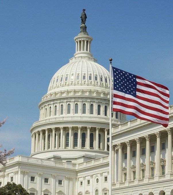 The U.S. Capitol Building is shown with the American flag waving in the foreground against a clear blue sky, the iconic setting where legislation such as the Strategic Bitcoin Reserve bill would be considered. The image symbolizes the federal government and congressional action behind the breaking news announcement.