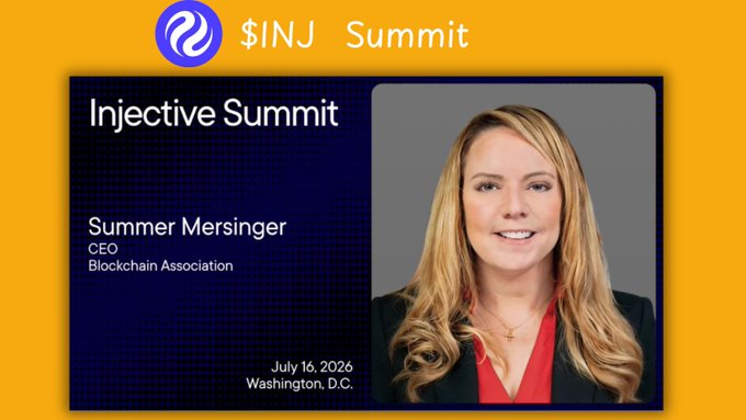 The image features an orange background with white text that reads "Injective Summit" followed by a photo of a woman wearing a red blouse smiling at the camera. The text also includes the names of two speakers, Summer Mersinger and Cesar Chavez. The image is accompanied by a caption that says "Focus on what is in the image and how it relates to the post".