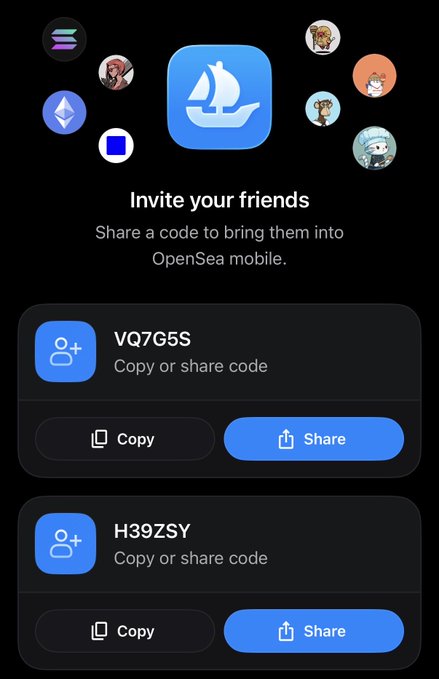 An OpenSea mobile 'Invite your friends' screen displaying share codes VQ7G5S and H39ZSY with copy and share buttons.