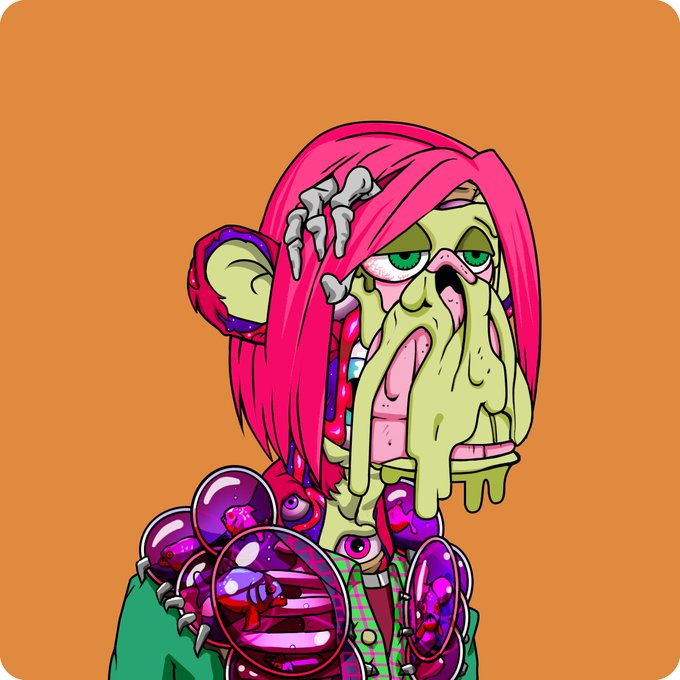 The image features a cartoon character with pink hair, wearing a green jacket and holding a purple object that appears to be a toy or a piece of art. The character has a sad expression on their face, giving them an eerie appearance. The background is orange, which contrasts with the character's pink hair and adds to the overall visual impact of the image. The caption "Buy an ape Hold an ape Be your ape Be proud to be a part of this community BAYC" suggests that the character might be associated with a specific subculture or artistic movement related to the theme of the image, such as the "ape culture" movement.