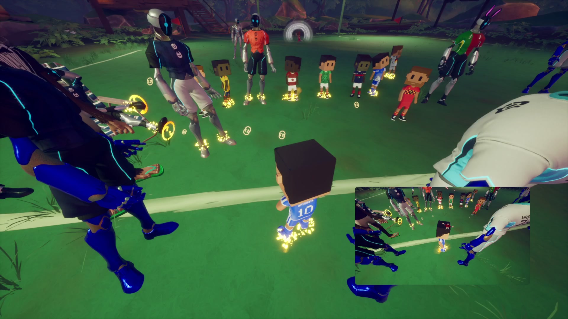 The image shows a group of people standing around, with some of them wearing blue boots. The main focus of the image is a boy who appears to be wearing a blue shirt and black pants. There are other people present as well, but they are not the main subject of the photo. The background features a soccer field, which adds context to the scene. The post also mentions that there's a "Meeb at the Clubhouse on @othersidemeta / @MeebitsNFTs". This could be related to the image or another event happening in the same area.