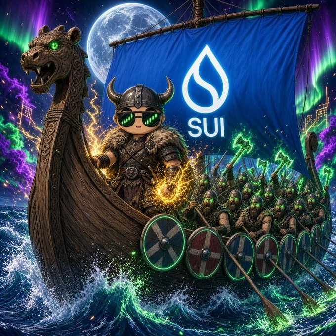 A vibrant digital illustration showing a Viking warrior with green sunglasses leading an army of warriors with glowing green eyes on a longship with a dragon head, under a blue banner displaying the 'SUI' logo.
