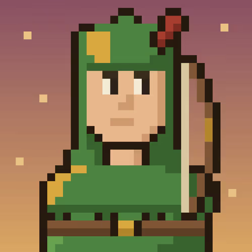 A pixel art character wearing a green hooded robe with a leaf accent and carrying a wooden staff, set against a sunset gradient background.